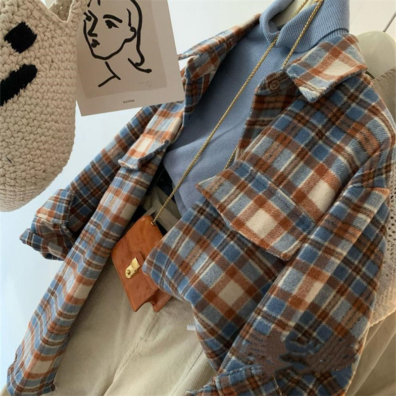 ドロップショルダーチェックシャツコート チェック長袖シャツジャケット トップス ブラウス
