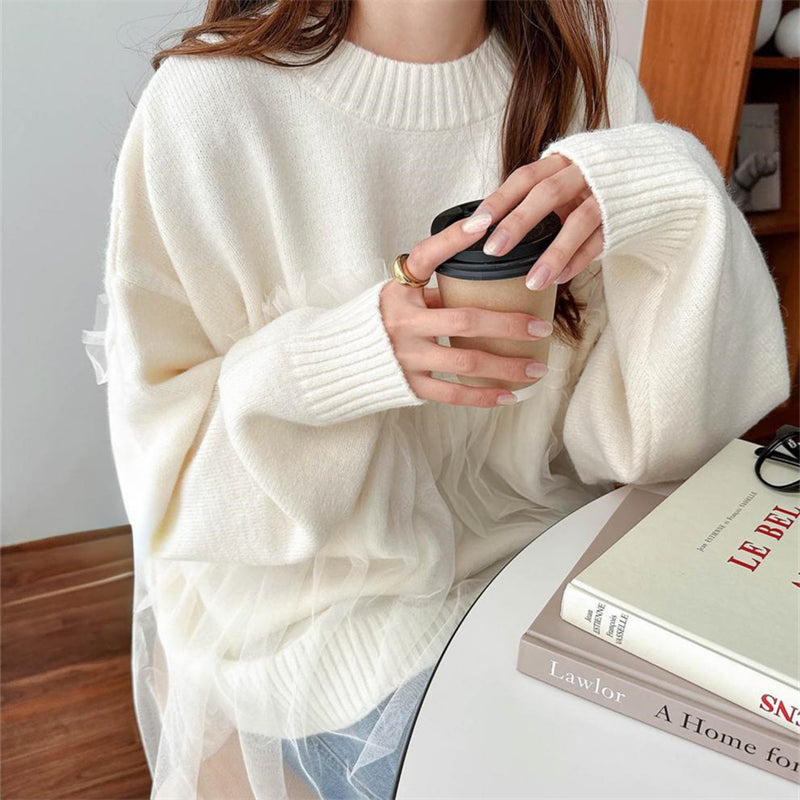 ペプラムプルオーバー ドッキングセーター レース切り替え トップス ペプラム 長袖 フリル