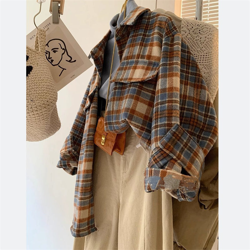 ドロップショルダーチェックシャツコート チェック長袖シャツジャケット トップス ブラウス