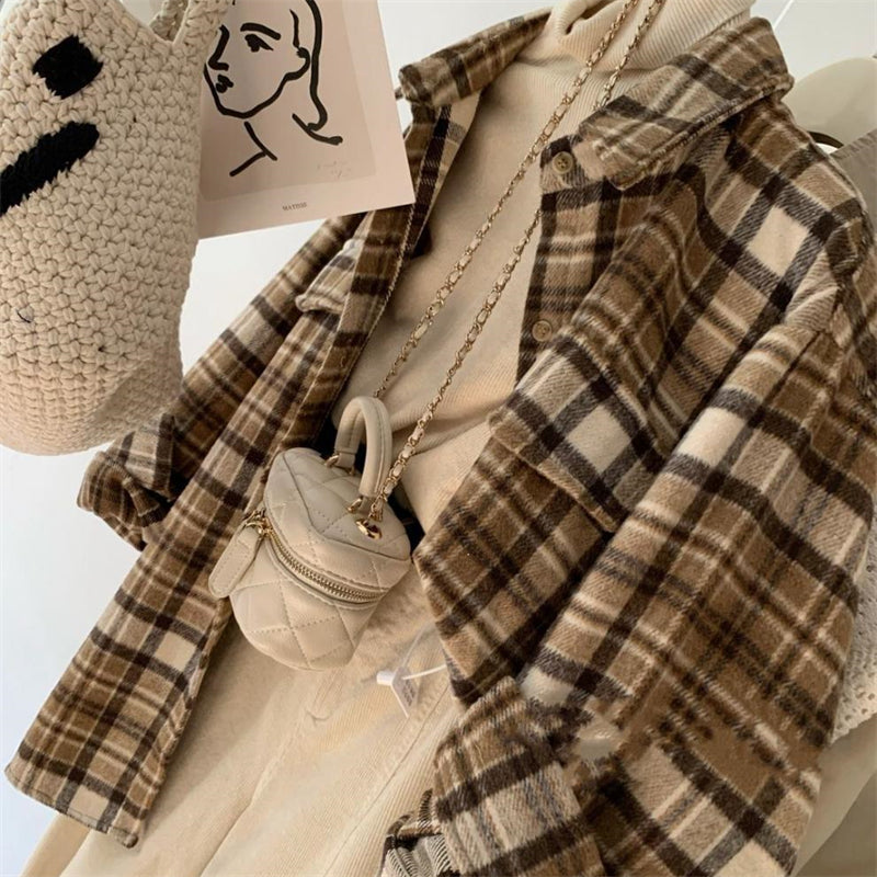 ドロップショルダーチェックシャツコート チェック長袖シャツジャケット トップス ブラウス