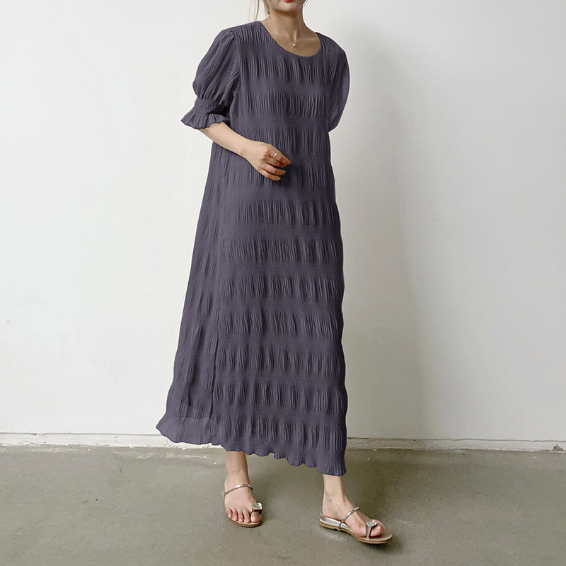ワンピース シフォン レディース 半袖 バルーンスリーブ プリーツ シワ加工