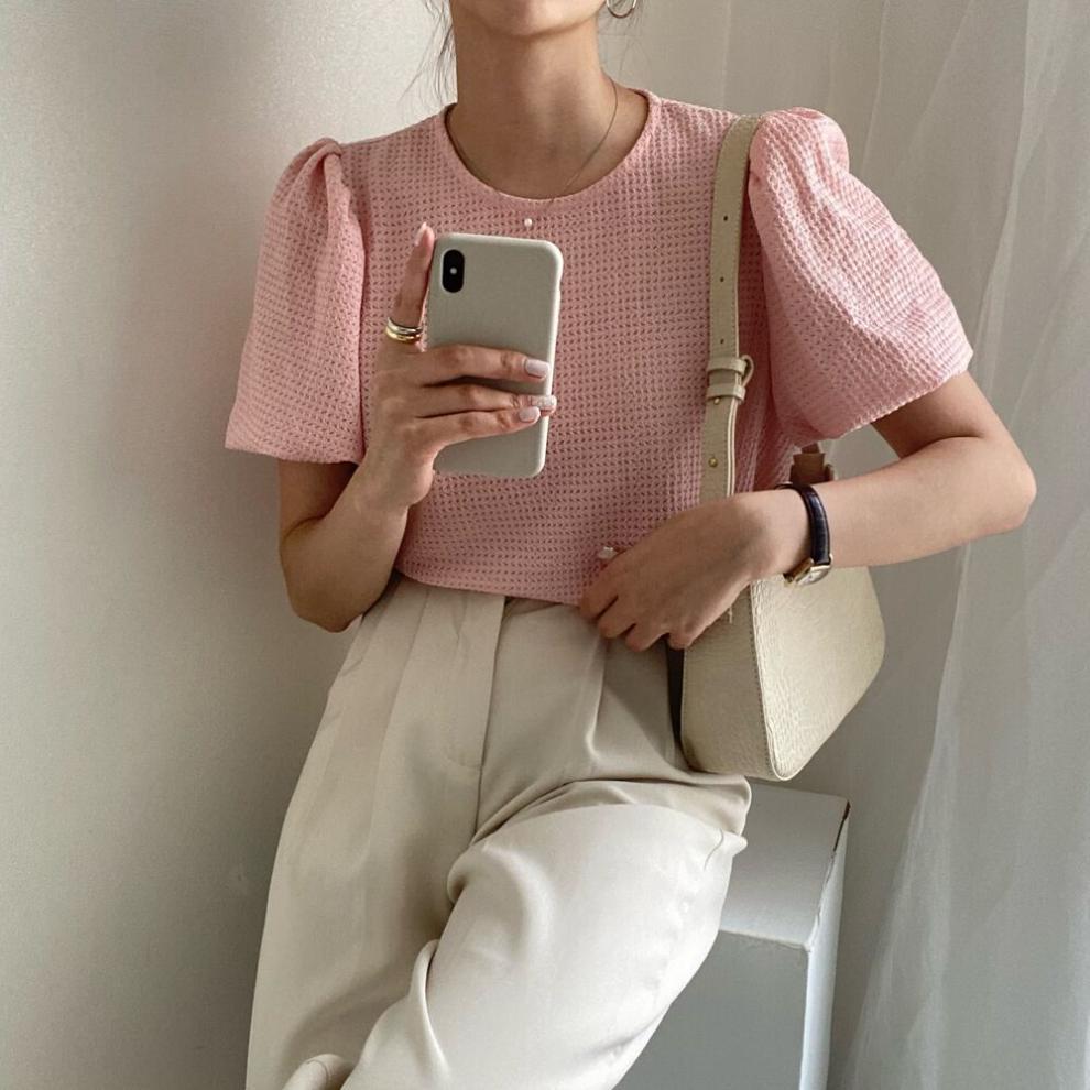 ブラウス レディース トップス Tシャツ カットソー 半袖 シャツ 韓国風 ワッフル素材