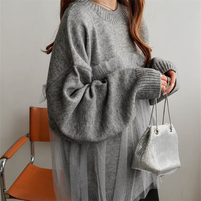 ペプラムプルオーバー ドッキングセーター レース切り替え トップス ペプラム 長袖 フリル