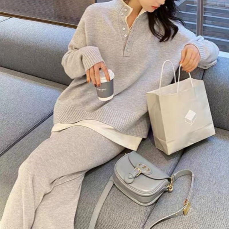 ニット2点セット パンツスーツ レディース ボトムス ロング ストレッチあり ロング 厚い