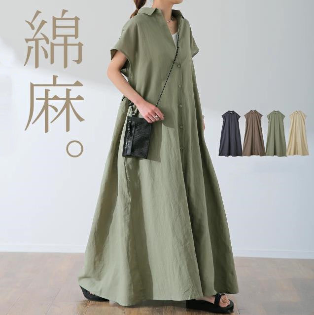 綿麻プルオーバーシャツワンピース レディース 半袖シャツ ゆったり トップス 夏服