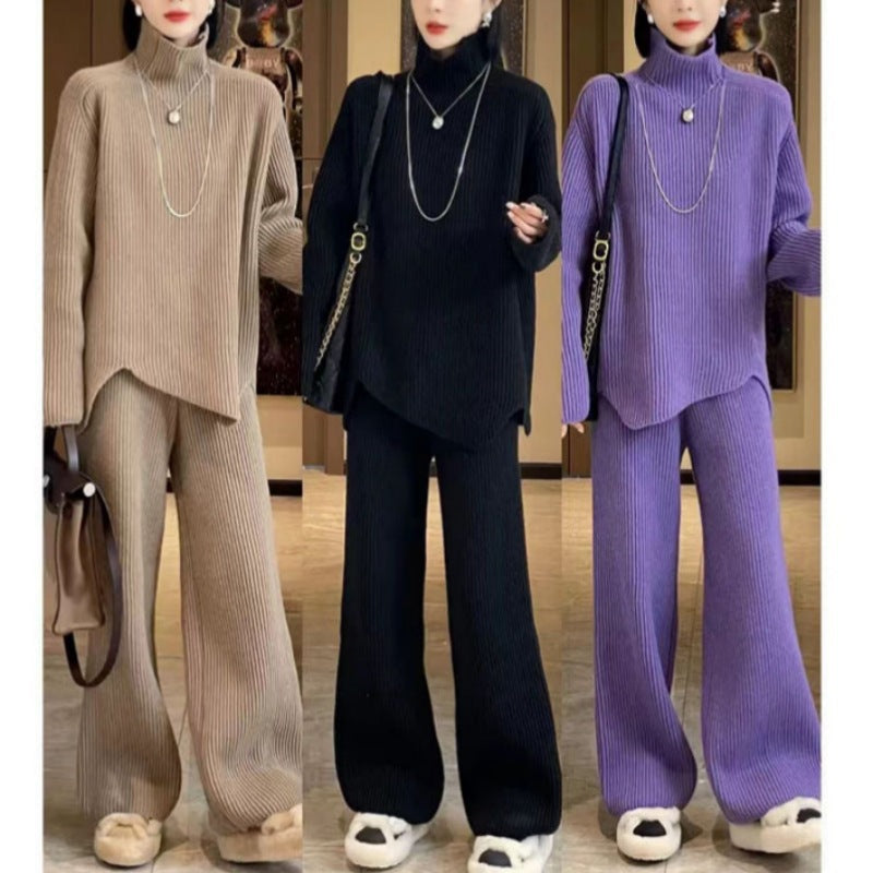 ニット2点セット パンツスーツ レディース  ハイネック ロング ストレッチあり ロング 厚い