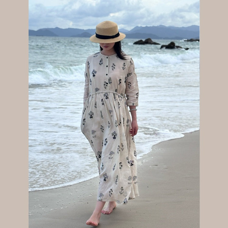 ワンピース レディース ロングワンピース ロング丈 花柄 亜麻 綿麻 ナチュラル