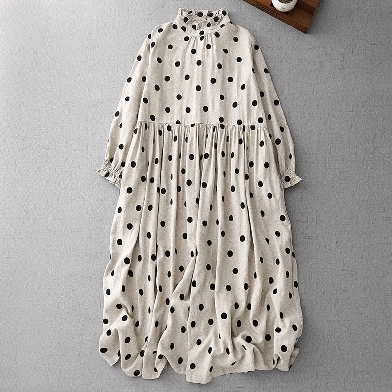 ドット柄ロングワンピース レディース 長袖 夏 マキシワンピース カジュアル