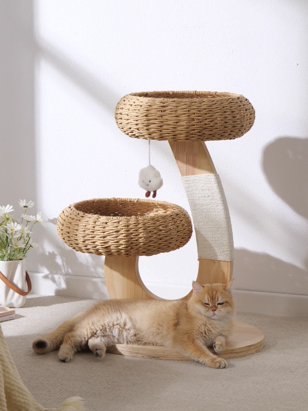 キャットタワー 木製 据え置き 猫タワー スリム 省スペース ラタン 藤編み