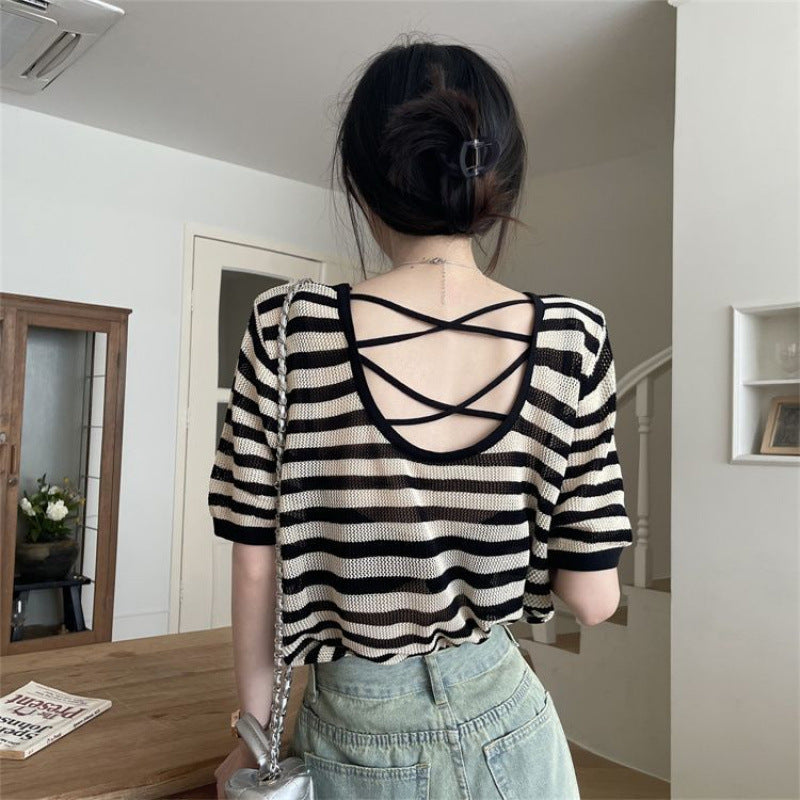 Tシャツ レディース バッククロス トップス 夏 涼感 半袖 クルーネック ゆったり