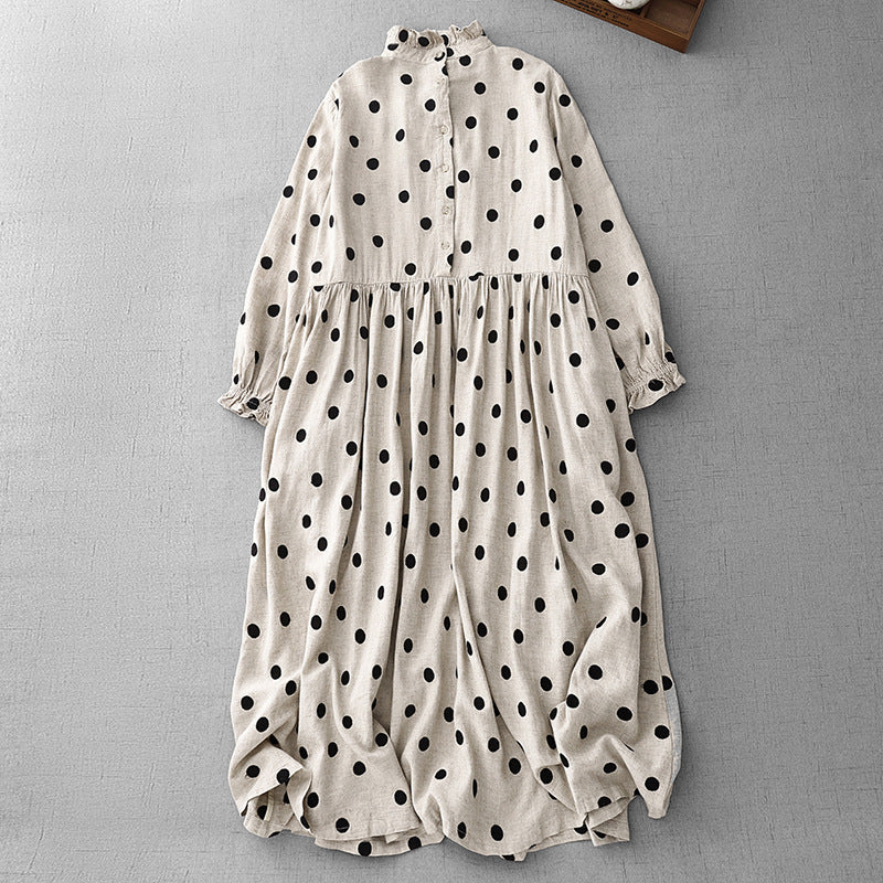 ドット柄ロングワンピース レディース 長袖 夏 マキシワンピース カジュアル