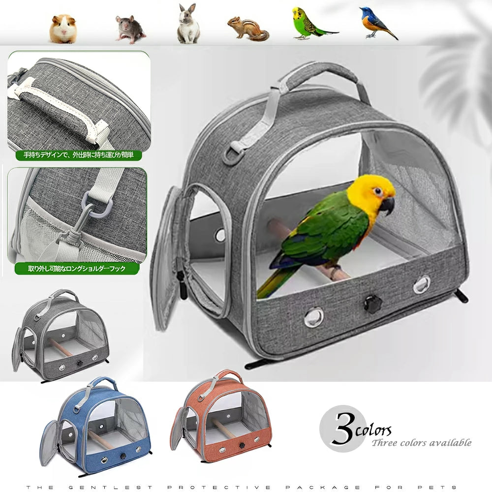 鳥バッグ ショルダーバッグ インコ キャリー 鳥かご キャリーバッグ 鳥用 お散歩ケージ お出かけ バードキャリア 外出 持ち運び 止まり木付き 折り畳み式で収納ラクラク 透明で通気メッシュ 斜めかけ取り外し可能 外出や旅行に最適 通院や移動も安心