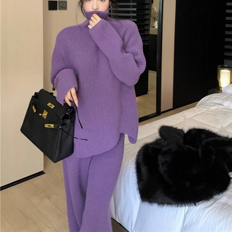 ニット2点セット パンツスーツ レディース  ハイネック ロング ストレッチあり ロング 厚い