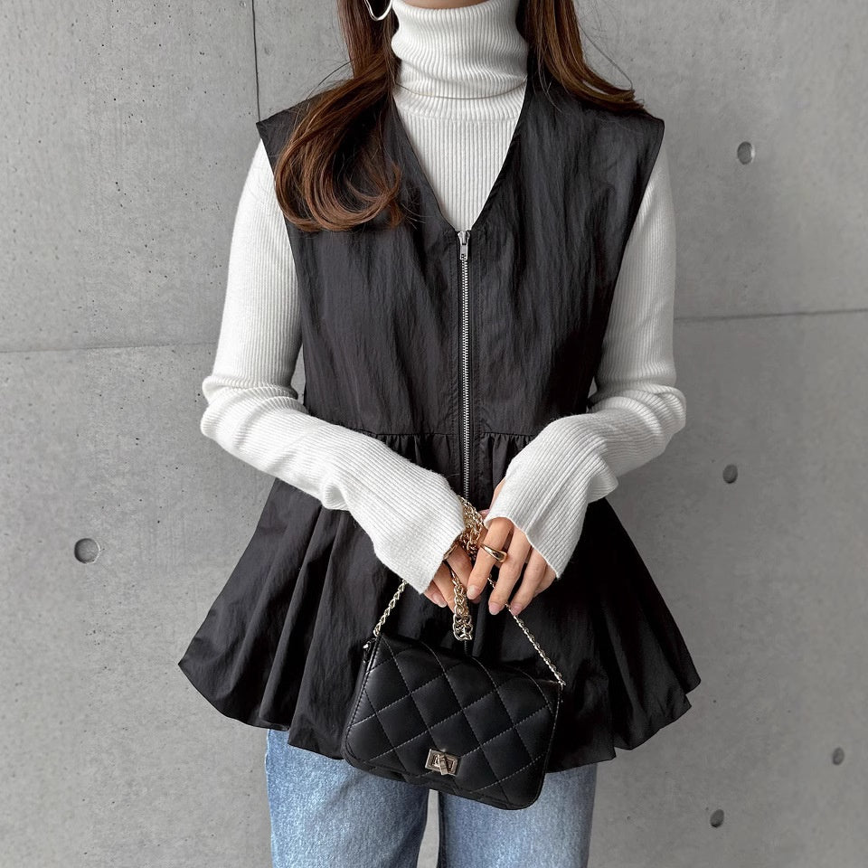 ノースリーブ ベスト レディース ラウンドネック トップス ジッパー デザイン フリル