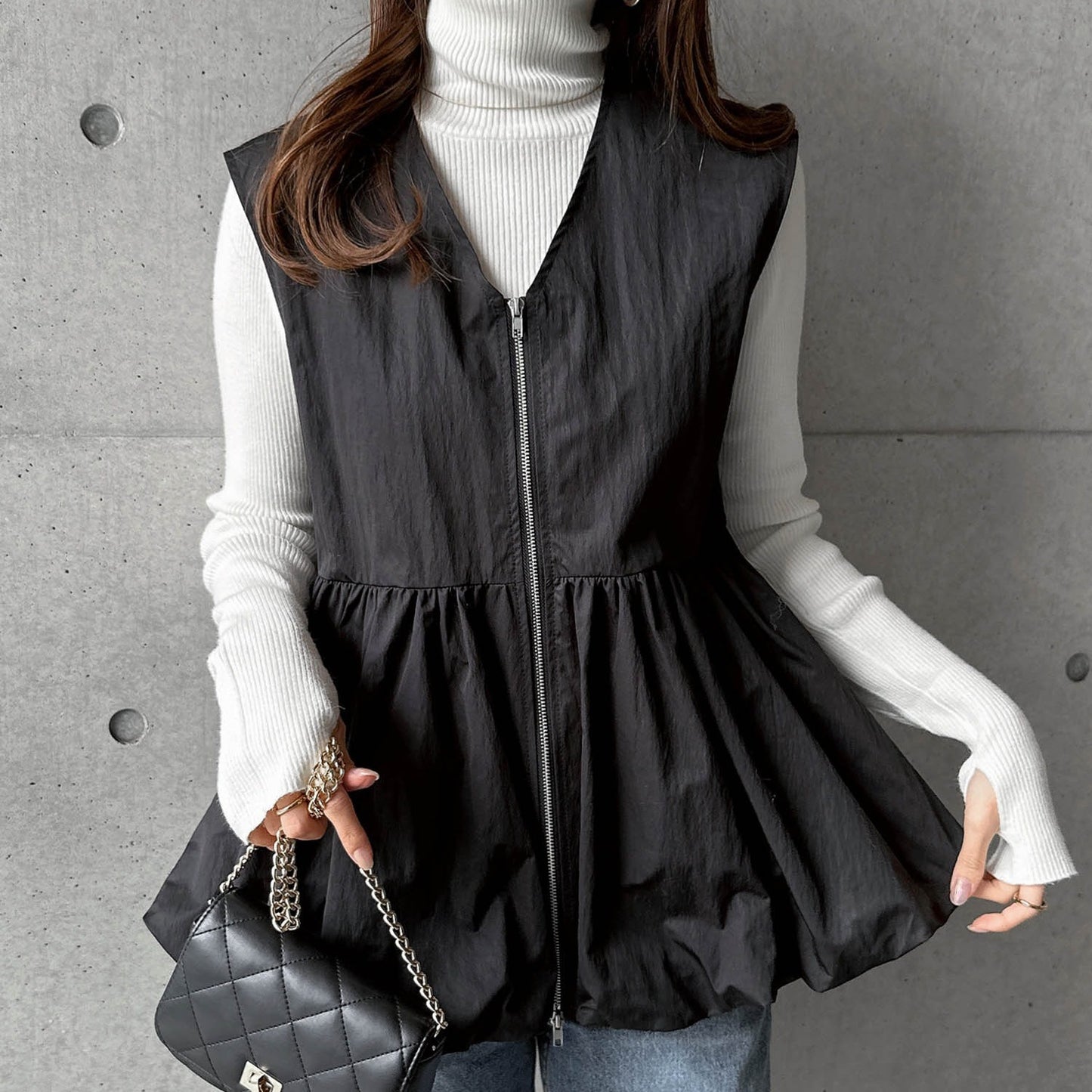 ノースリーブ ベスト レディース ラウンドネック トップス ジッパー デザイン フリル