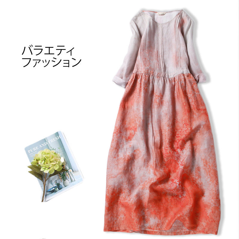 リネンワンピース 麻ワンピース 苧麻ワンピース 花柄ワンピース 七分袖