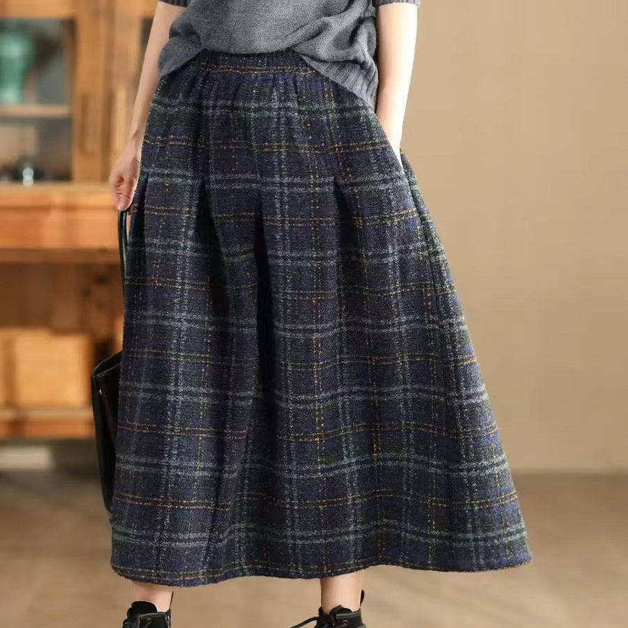 秋冬 レディース 半身スカート ラシャ チェック柄 フレアスカート 美脚 中丈 シンプル