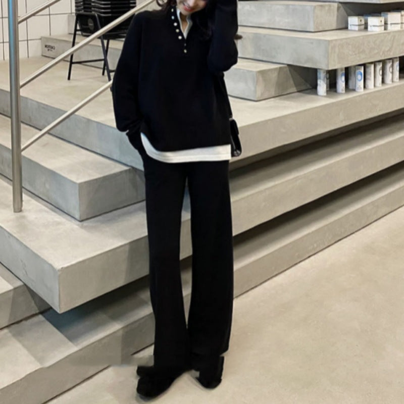 ニット2点セット パンツスーツ レディース ボトムス ロング ストレッチあり ロング 厚い