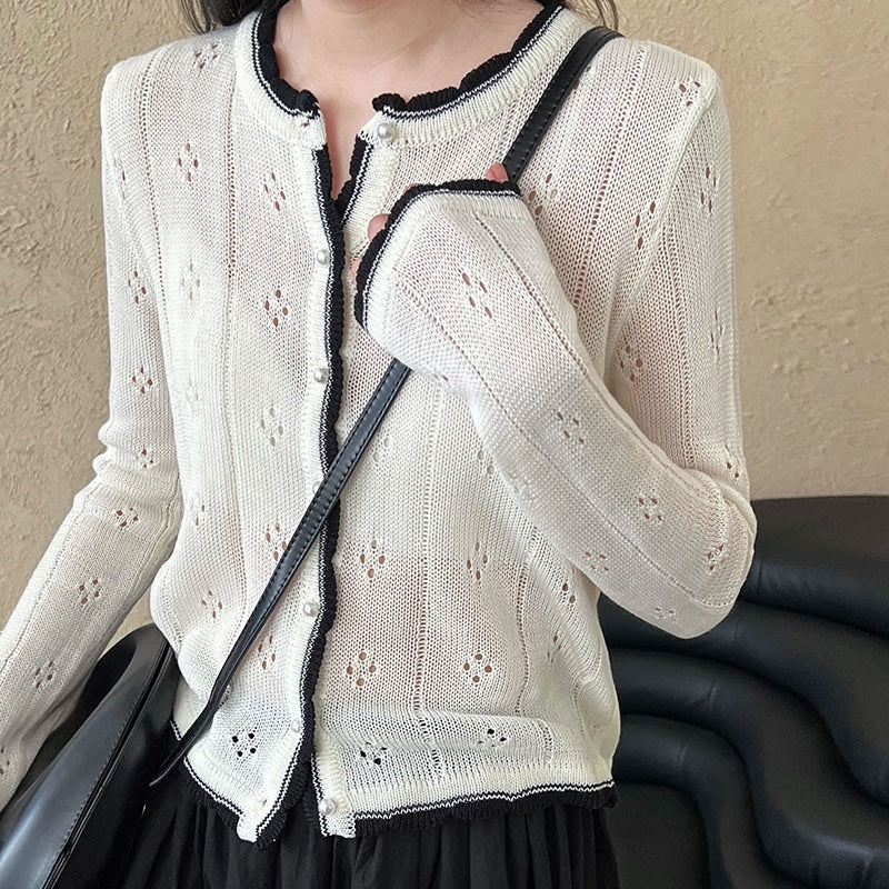 ニットカーディガン メッシュニット 透かし編みゆったりニット 配色ニット トップス