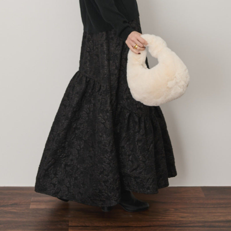 刺繍スカート フレアスカート 織り柄生地 立体裁断 黒色スカート ハイエンドスカート