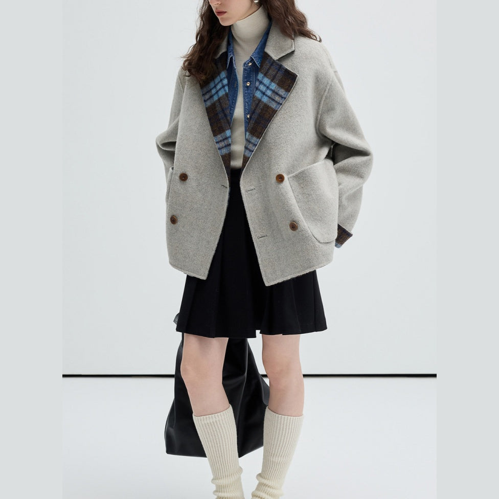 ラシャコート ウール ジャケット 両面着 高級感 コート チェック柄 リバーシブル 立ち襟