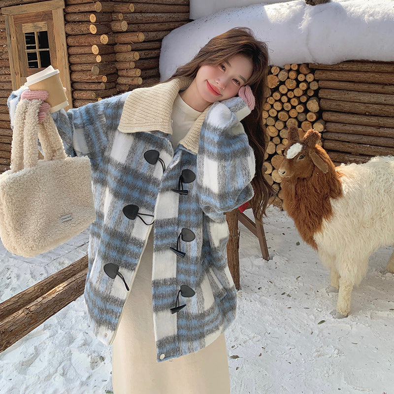 ブルーチェック柄ウールコート ミディアムコート コート アウター ジャケット レディース