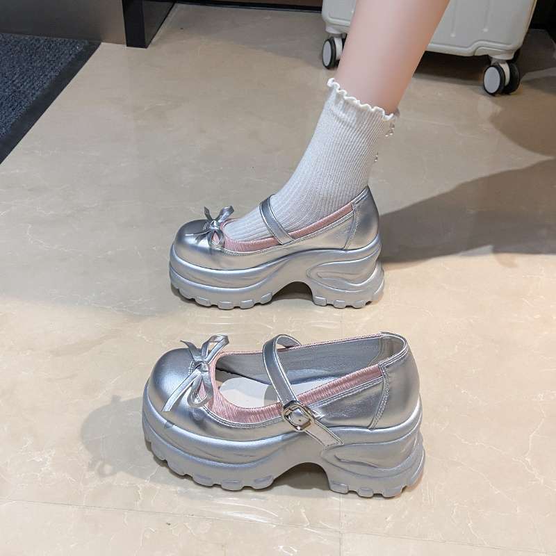 厚底 レディース ローファー シルバー リボン パンプス 8cm ヒール インヒール シューズ