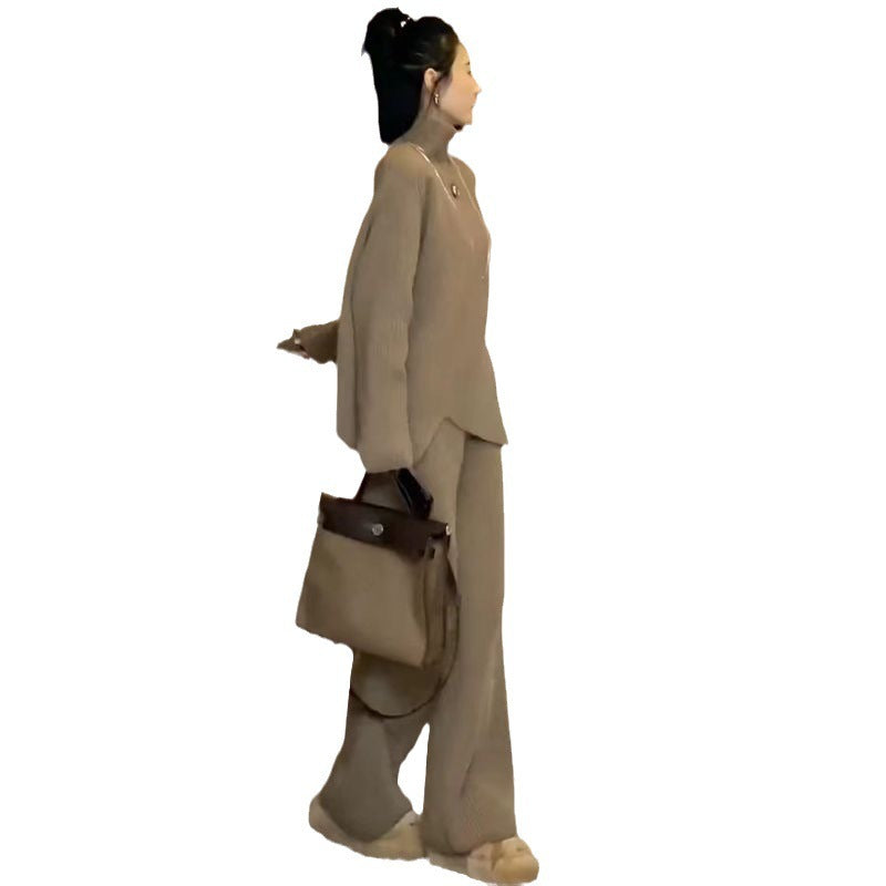 ニット2点セット パンツスーツ レディース  ハイネック ロング ストレッチあり ロング 厚い