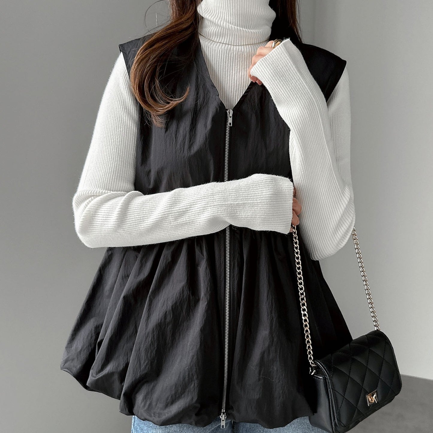 ノースリーブ ベスト レディース ラウンドネック トップス ジッパー デザイン フリル