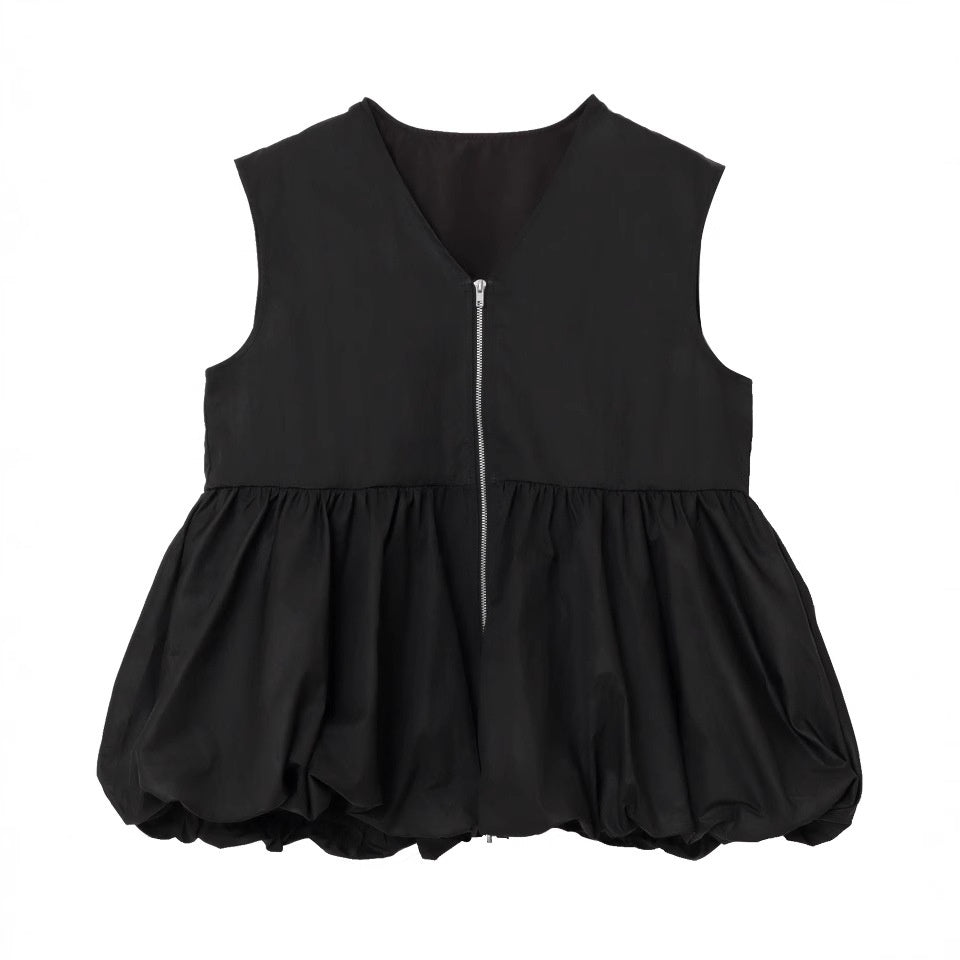 ノースリーブ ベスト レディース ラウンドネック トップス ジッパー デザイン フリル