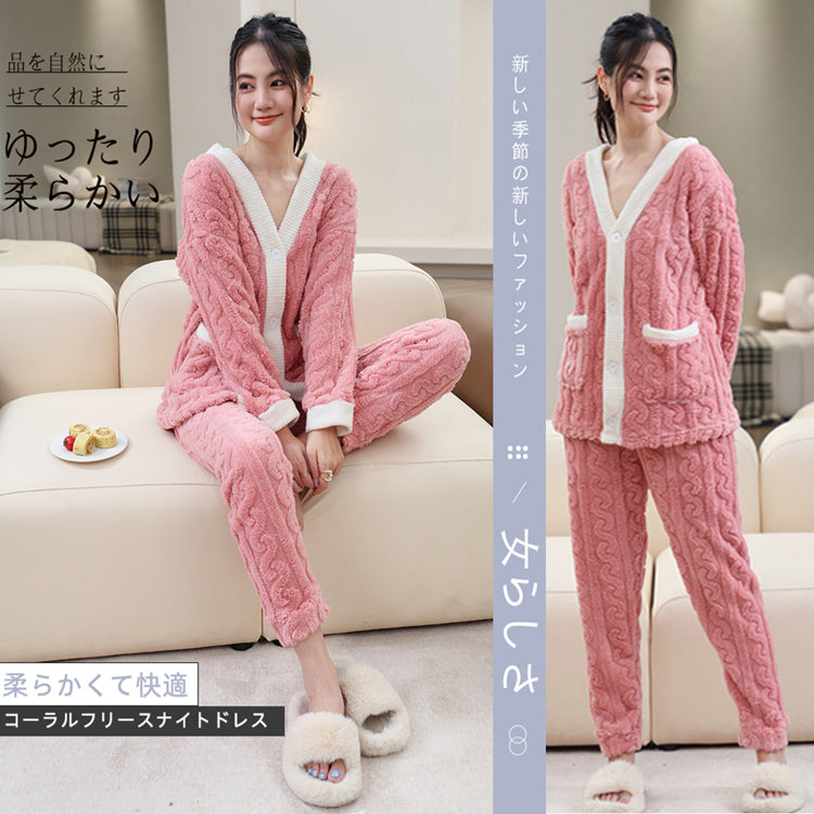 ルームウェア 長袖 上下セット ゆったり もこもこ レディース 冬用無地 パジャマ