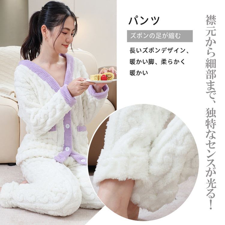 ルームウェア 長袖 上下セット ゆったり もこもこ レディース 冬用無地 パジャマ
