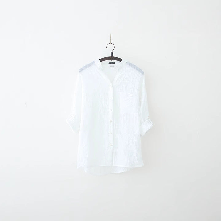 リネンシャツ レディース 薄手 ブラウス 羽織り 綿麻 ナチュラル 立ち襟 七分袖 UV対策