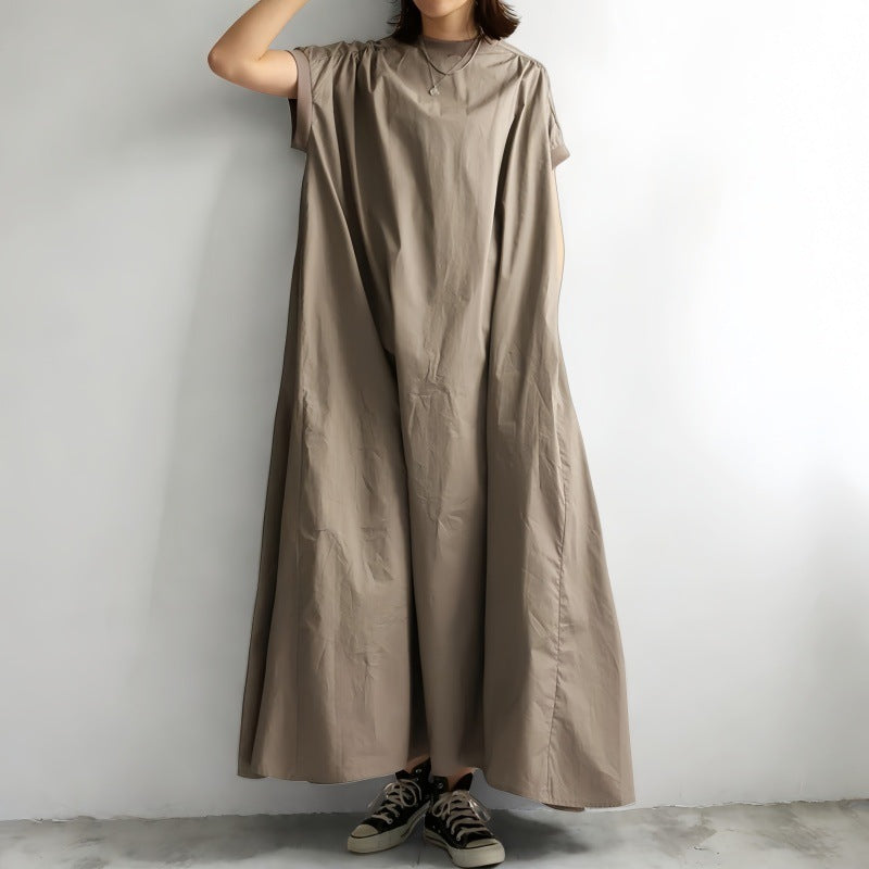 ワンピース レディース ロング丈 Aライン ゆったり 体型カバー ハイウエスト シンプル 無地