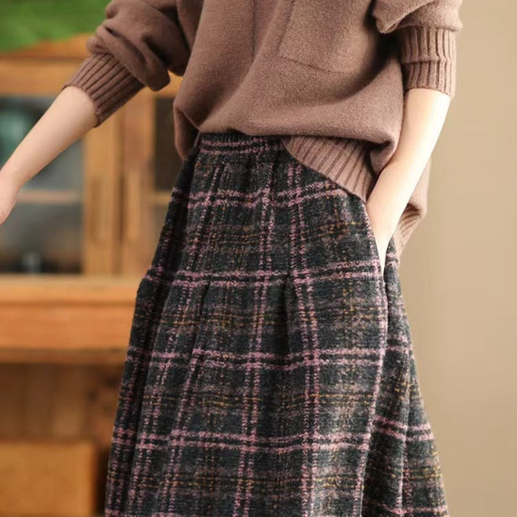 秋冬 レディース 半身スカート ラシャ チェック柄 フレアスカート 美脚 中丈 シンプル