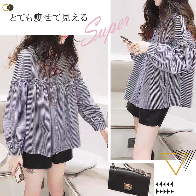 ブラウス  シャツ  長袖  ストライプシャツ トップス  体型カバー