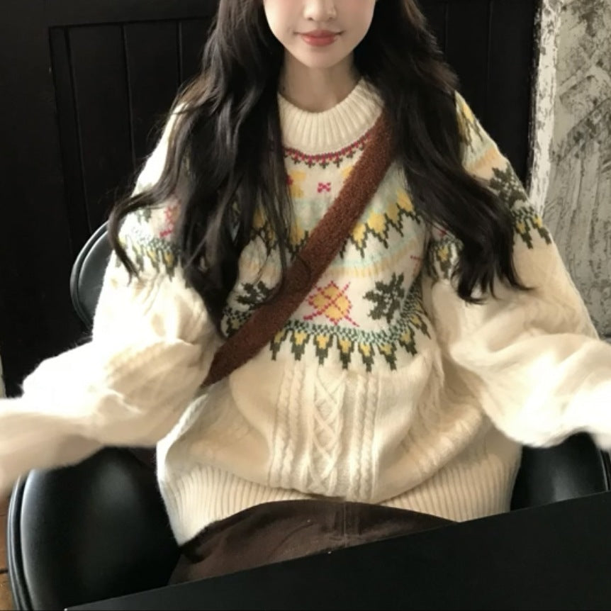 フェアアイル柄ニット ニット リブ タートル レトロ 甘めスタイル 冬新作 女性用 ゆったり シルエット