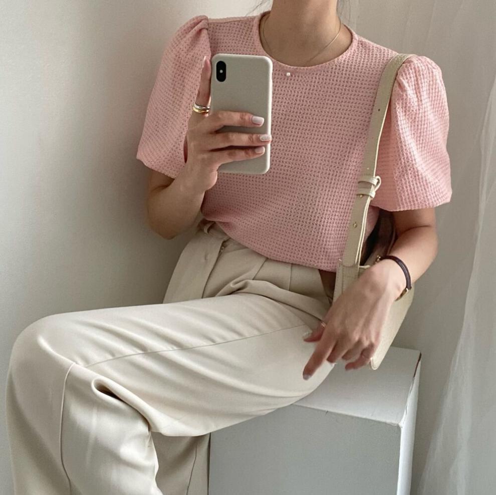 ブラウス レディース トップス Tシャツ カットソー 半袖 シャツ 韓国風 ワッフル素材