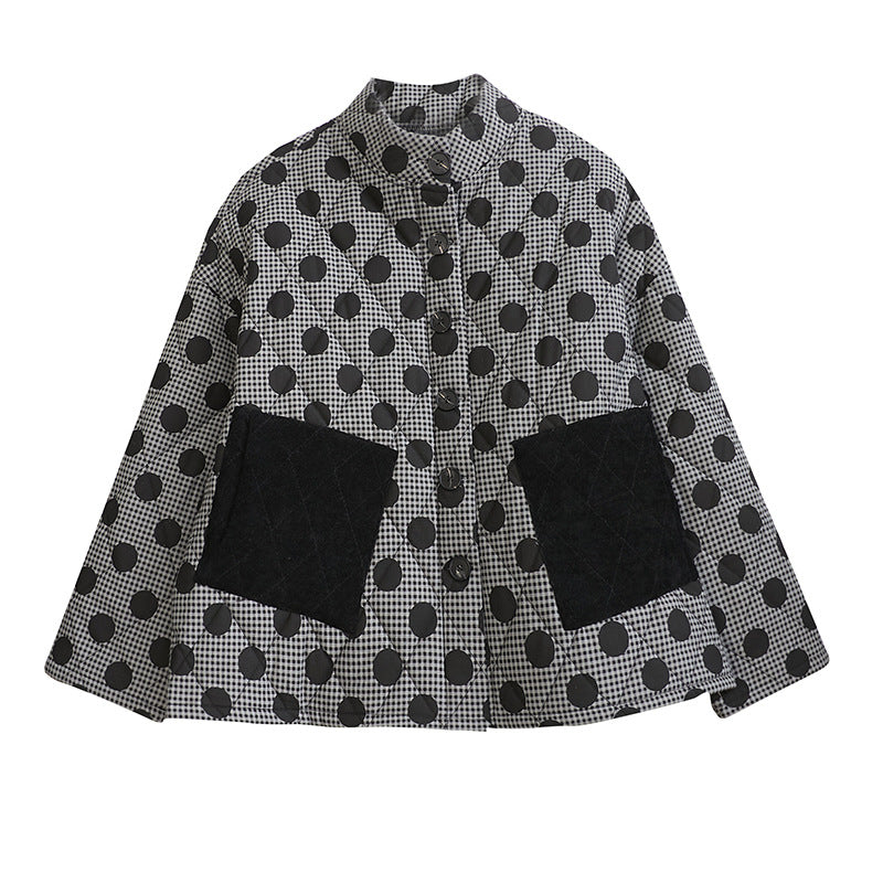 ドット柄ジャケット 長袖 レディース ラウンドネック カジュアル 普段着 レトロ 女性 ボタン