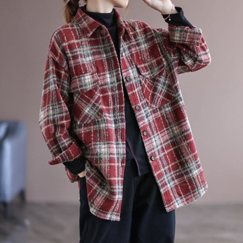 ドロップショルダーチェックシャツ チェック長袖シャツ トップス ブラウス レディース