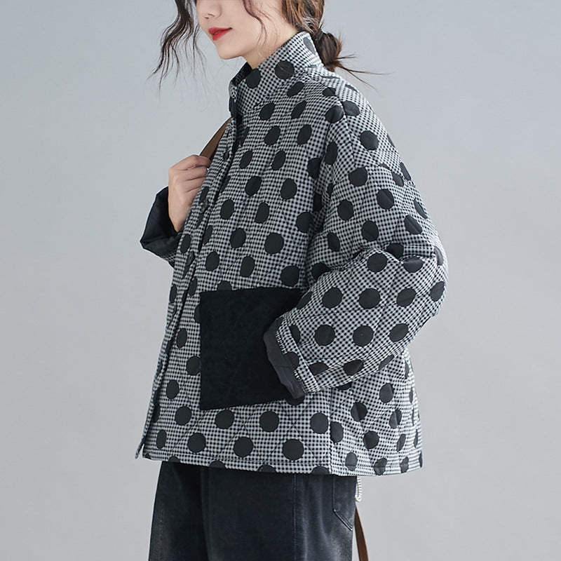 ドット柄ジャケット 長袖 レディース ラウンドネック カジュアル 普段着 レトロ 女性 ボタン