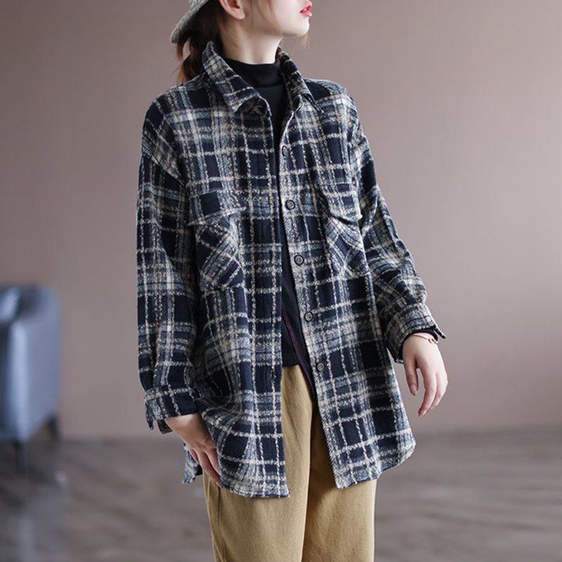 ドロップショルダーチェックシャツ チェック長袖シャツ トップス ブラウス レディース