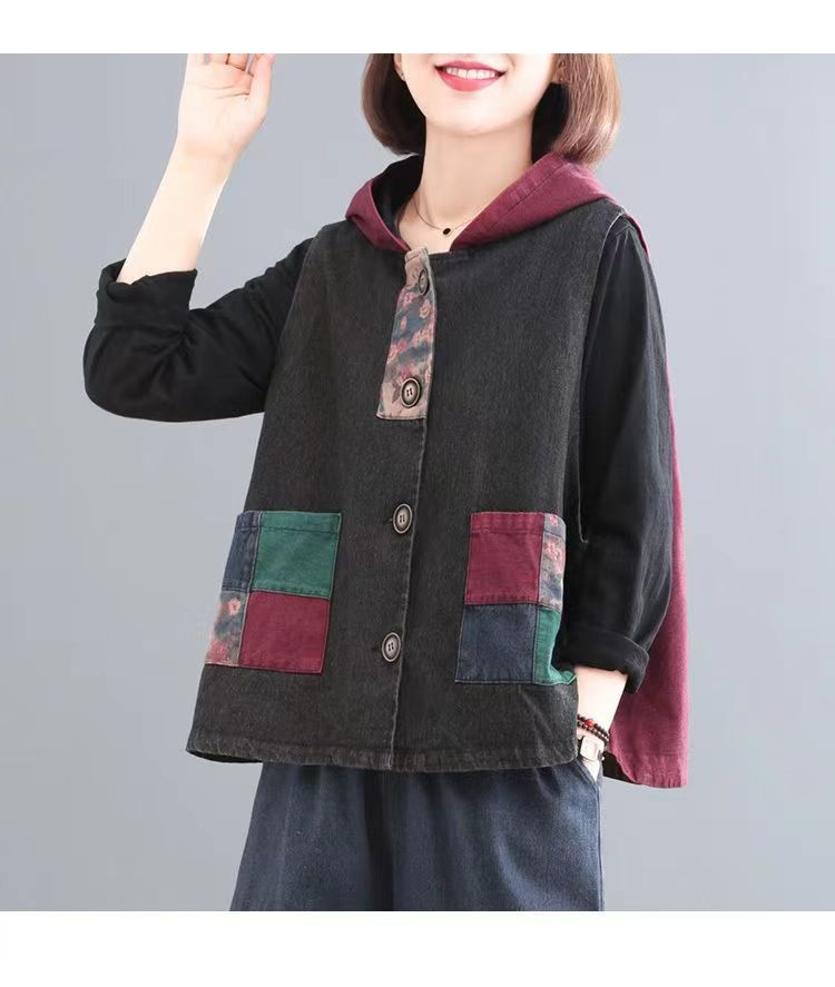 デニム ノースリーブ レディース 春秋 前開き 重ね着 アウター トップス