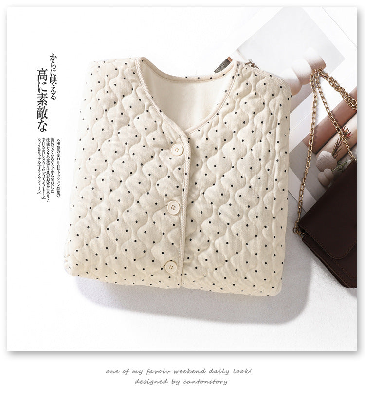 ドット柄ジャケット 長袖 レディース ラウンドネック カジュアル 普段着 レトロ 女性