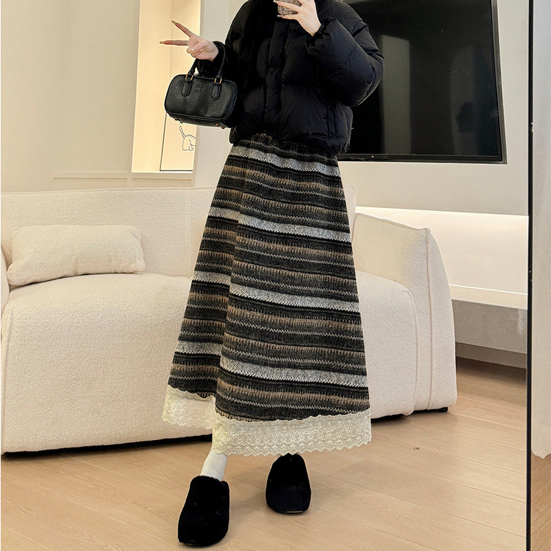 ストライプ柄ツイードレーススカート ストライプ柄スカート ツイードスカート 裏起毛スカート
