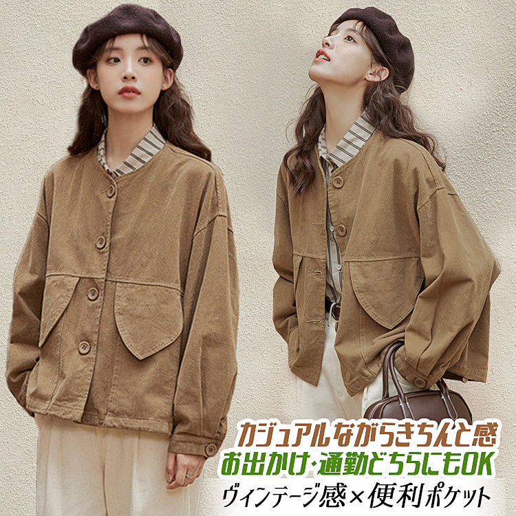 デニム ジャケット ワーク アウター レトロ 洗水 デザイン ビッグシルエット 茶色