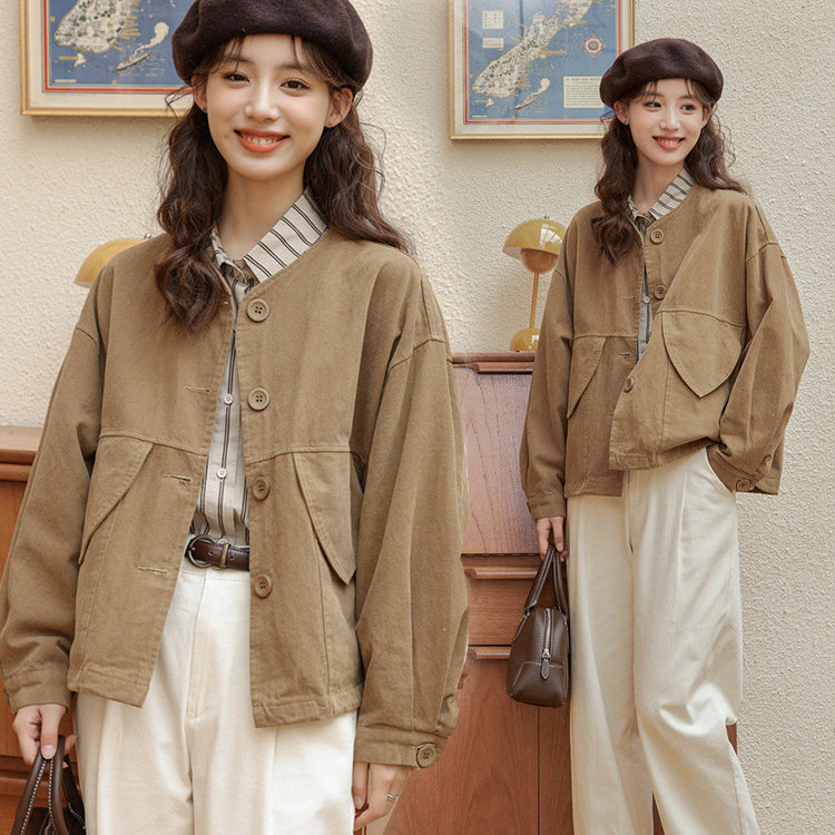 デニム ジャケット ワーク アウター レトロ 洗水 デザイン ビッグシルエット 茶色