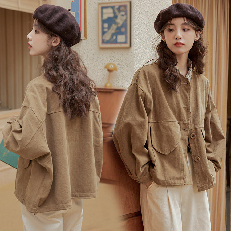 デニム ジャケット ワーク アウター レトロ 洗水 デザイン ビッグシルエット 茶色