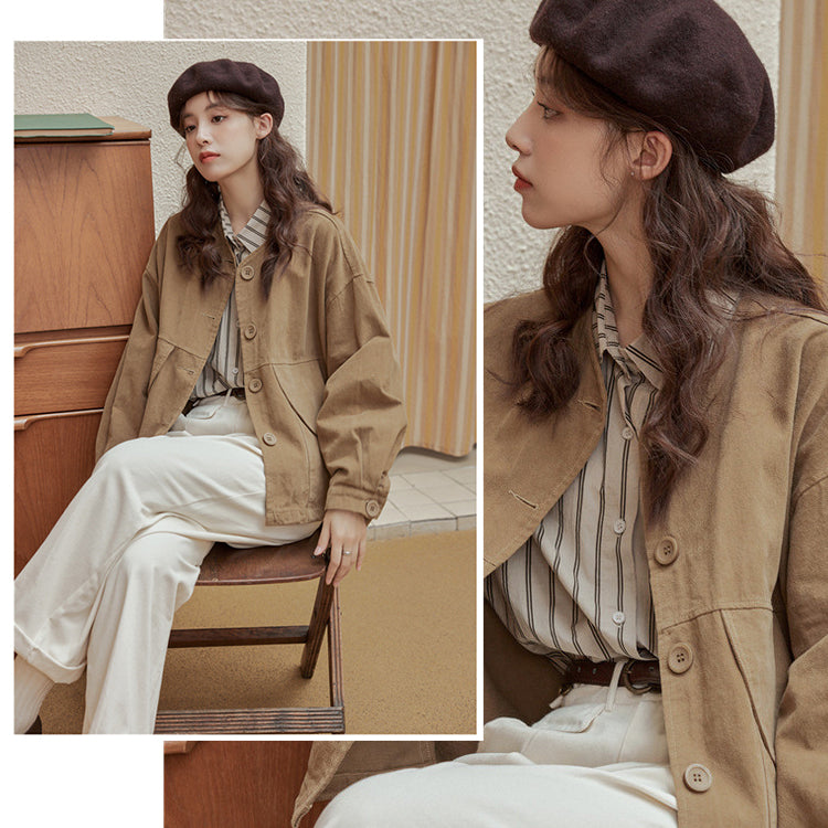 デニム ジャケット ワーク アウター レトロ 洗水 デザイン ビッグシルエット 茶色