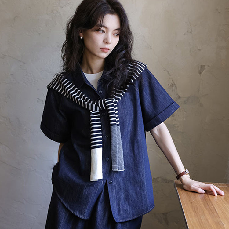 セットアップ レディース デニムシャツ 半袖 トップス デニムスカート 上下セット 夏 秋